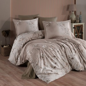 Lenjerie de pat dublu satin de lux bej cu design de flori crem și maro deschis