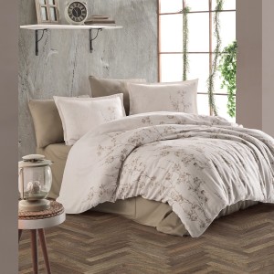 Lenjerie de pat dublu satin de lux bej cu design de flori bej și ramuri delicate
