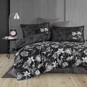Lenjerie de pat dublu satin de lux neagră cu design de flori albe și gri