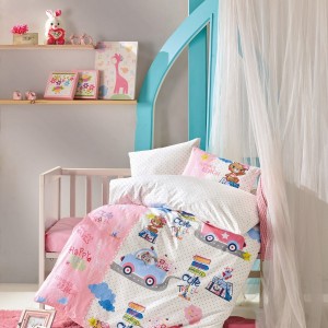 Lenjerie patut bebelusi bumbac 100% ranforce, Cotton Box, Sevimli Seyahat - Pink