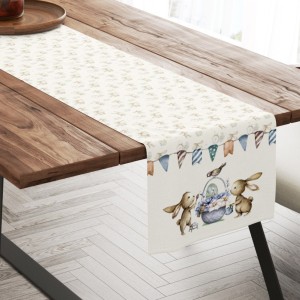 Napron Paste 40x200 cm bumbac 100%, model cu iepurași, ghirlande și coș pascal – Club Cotton Feta