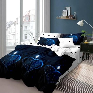 Lenjerie de pat 1+1 gratis cu inimioare albastre, fundal alb-negru, set 4 piese din bumbac satinat