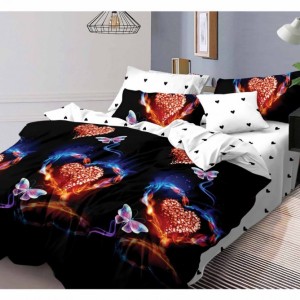 Lenjerie de pat 1+1 gratis cu fluturi și inimioare, fundal negru și alb, set 4 piese din bumbac satinat