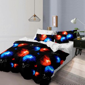 Lenjerie de pat 1+1 gratis cu fluturi roșii și albaștri, fundal negru și alb, set 4 piese din bumbac satinat