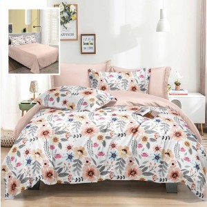 Lenjerie de pat dublu cu flori colorate portocaliu, roz și albastru pe fundal alb, set 6 piese, lenjerii de pat 1+1 gratis