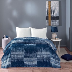 Pătură bumbac și fibră mixtă 200x220 cm, model geometric albastru, marca TAC, moale și călduroasă.