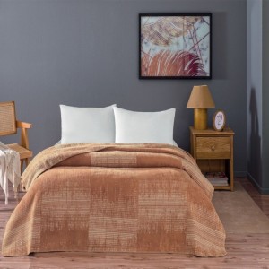 Pătură bumbac și fibră mixtă 200x220 cm, model geometric maro, marca TAC, moale și călduroasă.