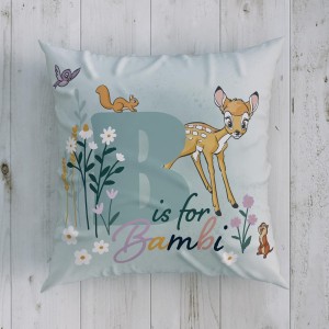 Pernuță decorativă Disney pentru copii cu Bambi, în culori verde, bej și mov, dimensiune 40x40 cm, cu desene animate detaliate și text B is for Bambi.