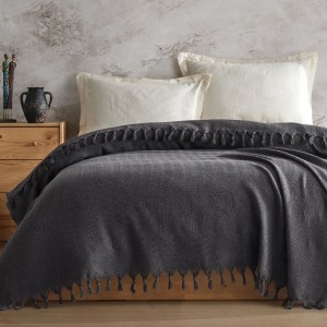 Pled cu ciucuri din bumbac reciclat 200x220cm, Berlino Gri antracit