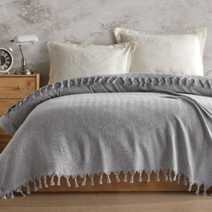 Pled cu ciucuri din bumbac reciclat 200x220cm, Berlino Gri deschis