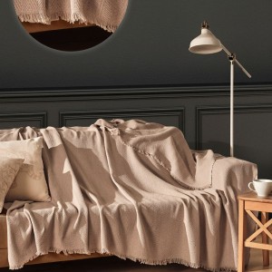Pled Merlin Bej 170x200cm din bumbac reciclat cu franjuri decorativi