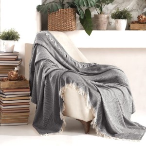 Pled Etnik Gri Antracit 170x210cm cu model geometric și ciucuri din bumbac și poliester