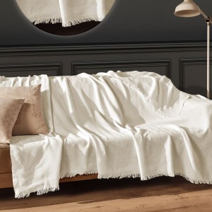 Pled Merlin Ecru 170x200cm cu franjuri din bumbac reciclat, densitate 280g/mp
