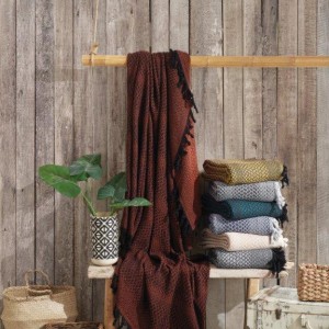 Pled cu ciucuri 200 x 230cm, Cotton Box, Damla rosu inchis, negru