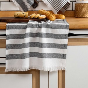 Prosop bucatarie Eliza Black v3 45x65cm, alb cu negru, bumbac si poliester, dungi orizontale si franjuri decorative