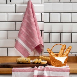 Prosop bucatarie Eliza Black v1 45x65cm, alb cu rosu, bumbac si poliester, dungi si franjuri decorative