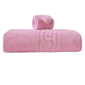 Prosop bumbac 100% roz pastel cu bordura greceasca 30x50 cm