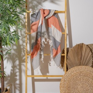 Prosop plajă XXL bumbac 100%, 100x180 cm, Gri/Portocaliu/Crem cu franjuri, ultra absorbant și compact