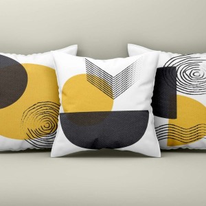 Set 3 fete perna decorative 43x43 cm cu design geometric abstract in alb, negru si mustar
