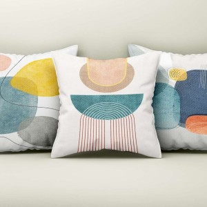 Set 3 fete perna decorative 43x43 cm cu design geometric pastel in nuante degalben, albastru, verde, alb