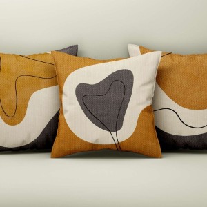 Set 3 fete perna decorative 43x43 cm cu design abstract in nuante de ocru, crem si grafit