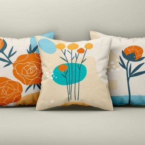 Set 3 fete perna decorative 43x43 cm model floral abstract portocaliu si turcoaz