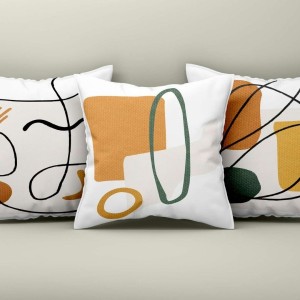 Set 3 fete perna decorative 43x43 cm cu design abstract si linii fluide in alb, mustar si verde