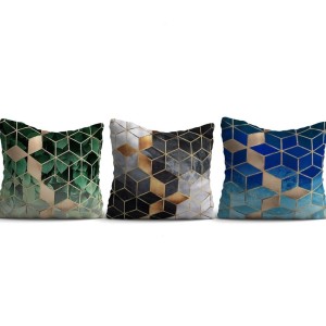 Set 3 fete perna decorative 43x43 cm model geometric 3D in verde, albastru si auriu