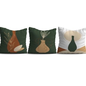 Set 3 fete perna decorative 43x43 cm model abstract cu vase si plante, in nuante verde, bej si teracota
