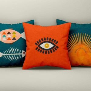 Set 3 fete perna decorative 43x43 cm cu motive etnice si simboluri moderne in portocaliu, albastru si galben