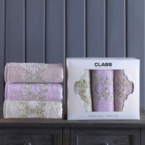 Set 3 prosoape bambus cu dantela 50x90cm, Class Home, Mahber V4 Hazelnut/Lila/Stone