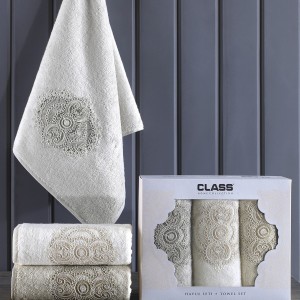 Set 3 prosoape bambus cu broderie 50x90cm, Class Home, Siraze Bej/Crem/Gri