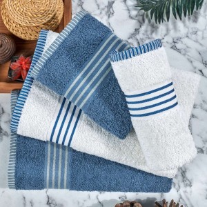 Set 4 prosoape bumbac Oscar crem si albastru cu dungi, Eponj Home