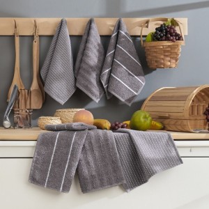 Set 6 prosoape maini Sofya gri antracit 30x50 cm bumbac 100% cu dungi si puncte albe