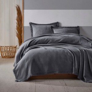 Set cuvertura jacquard bumbac 100%, culoare gri antracit, dimensiuni 240x260 cm, cu franjuri