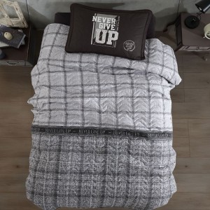 Set ccuvertura pat adolescenti gri carouri bumbac never give up mesaj motivational