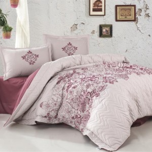 Set cuvertura matlasata + 2fete perna bumbac 100%, Mandora V2 - Dusty Rose