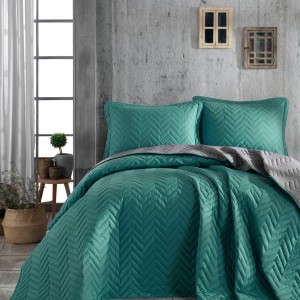 Set cuvertura matlasata + 2fete perna bumbac 100%, Prestige V4 Verde/Gri
