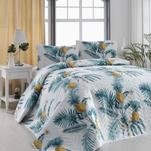 Set cuvertura matlasata Custom Ananas 200x220 cm cu 2 fete de perna, design tropical cu frunze si ananas