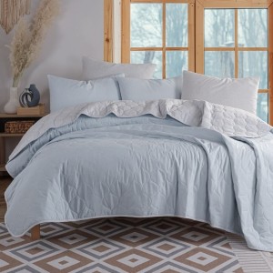 Set cuvertura matlasata 200x220 cm + 2 fete perna Solid Gri/bleu, reversibila