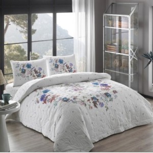 Set de pat 4 anotimpuri cuvertură și lenjerie, bumbac 100% ranforce, 1 persoană, model Tac Sander Mavi