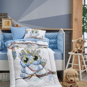 Set dormit bebelusi,cu protectie pt patut, bumbac 100%, Owl Blue