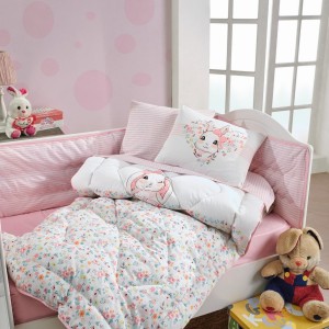 Set dormit bebelusi,cu protectie pt patut, bumbac 100%,Bunny Pink