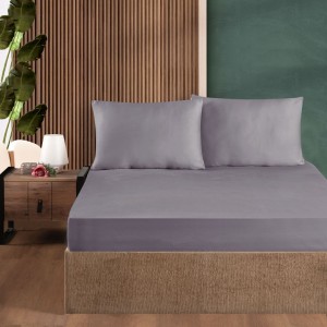 Set husa de pat cu elastic si 2 fete de perna, bumbac ranforce, lila, 160x200 cm, potrivita pentru saltele de pana la 30 cm inaltime