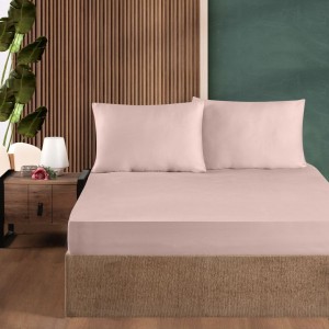Set husa de pat cu elastic si 2 fete de perna, bumbac ranforce, Roz Pudra, 160x200 cm, potrivita pentru saltele de pana la 30 cm inaltime