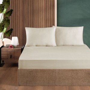 Set husa de pat cu elastic si 2 fete de perna, bumbac ranforce, bej, 180x200 cm, potrivita pentru saltele de pana la 30 cm inaltime
