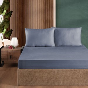 Set husa de pat cu elastic si 2 fete de perna, bumbac ranforce, albastru, 200x200 cm, potrivita pentru saltele de pana la 30 cm inaltime
