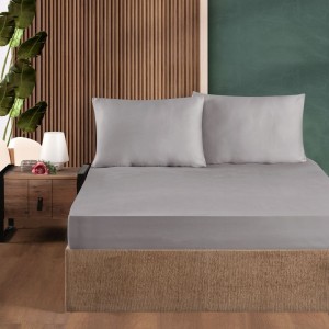Set husa de pat cu elastic si 2 fete de perna, bumbac ranforce, gri, 200x200 cm, potrivita pentru saltele de pana la 30 cm inaltime