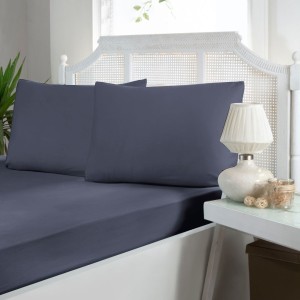 Set husa de pat cu elastic si 2 fete de perna, bumbac satinat, albastru, 160x200 cm, potrivit pentru un dormitor elegant