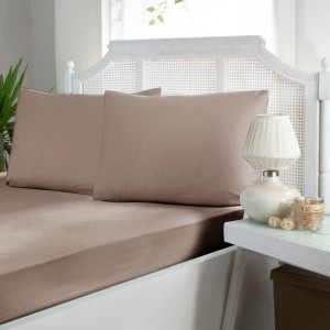 Set husa de pat cu elastic si 2 fete de perna, bumbac satinat, maro, 180x200 cm, potrivit pentru un dormitor elegant